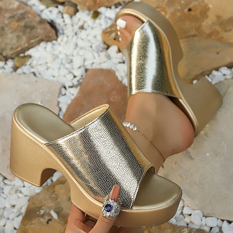 Metallic Heel Sandal - ファッションゴールドシルバーチャンキープラットフォームサンダル女性2026夏メタリックハイヒールスリッパ女性厚底アウトドアサンダル