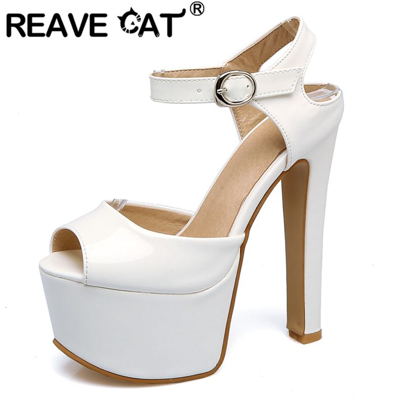 Women'S Shoes Peep Toe - REAVE 猫ファッション女性サンダルピープトウ超ハイヒール 16 センチメートルプラットフォーム 5.5 センチメートルバックルストラッププラスサイズ