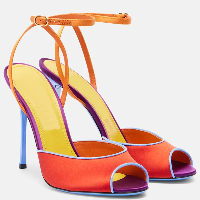 Women'S Shoes Peep Toe - サテン混合色のピープトゥサンダル、セクシーなラウンドトゥ、細ヒール、バックストラップ、カスタマイズ可能な新作、ファッショナブルな女性用モダンシューズ