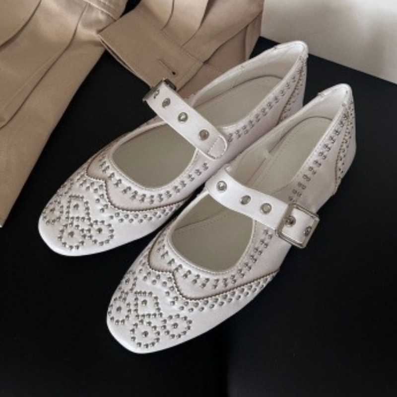 Women'S Shoes Round Toe - レトロリベットバックルデザインフラットシューズ レディース ラウンドトゥ シャロー エレガント メリージェーンシューズ