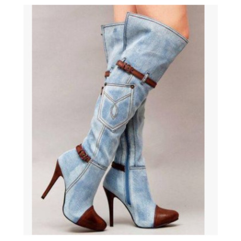 Knee High Boots Women - 女性の膝上デニムブーツ,ハイヒール,セクシー,バックル,ストラップ,プラットフォーム,ロングブーツ,秋冬