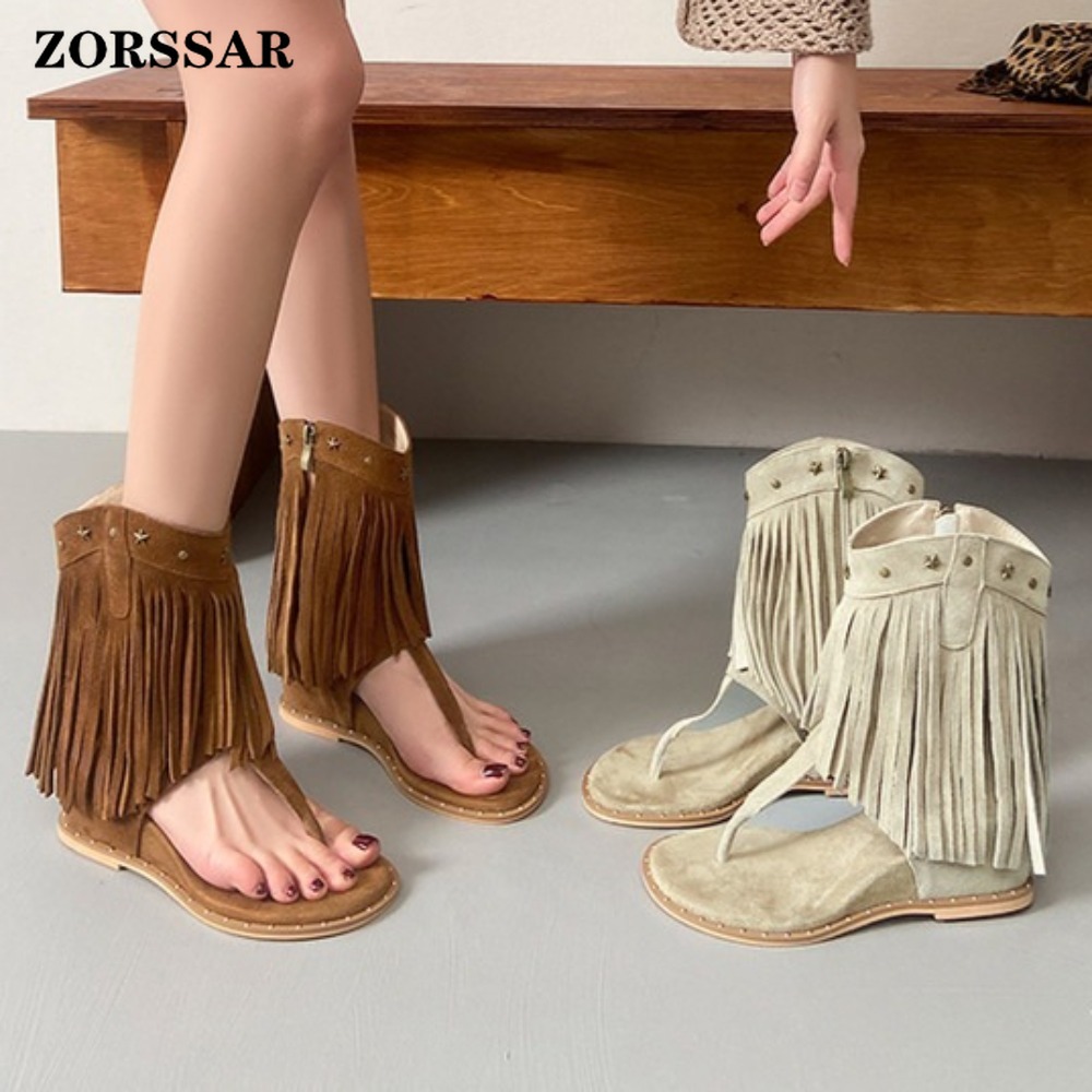 Women Shoes Boots - 女性用フリンジ装飾スタッズ付きトングトゥウェッジサンダルブーツ、ミッドカーフグラディエータープラットフォームシューズ、レディースカジュアルサマーフットウェア