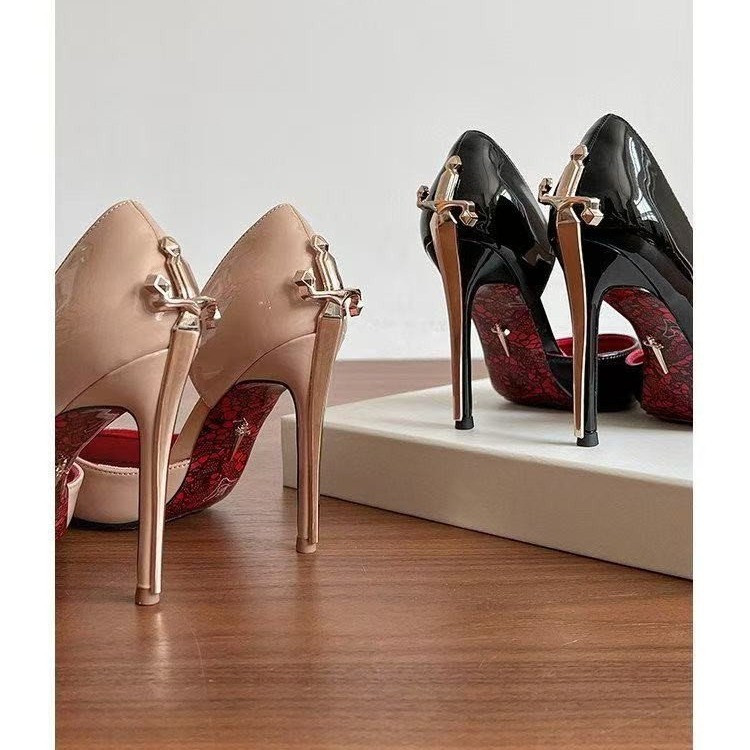 Patent Leather Pump - サイドエムプティーゴールドセプターヌードハイヒール（女性用）、プリント柄ポインテッドブラックのスリムヒール、サイズ43、パテントレザーシングルシューズ