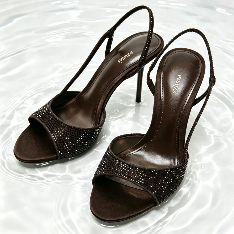 Women Shoes Luxury Brand - ファッションクリスタルディテールスリングバックヒール女性のセクシーなオープントゥポインテッドトゥスティレットサンダル高級デザイナーブランド靴 Zapatos Mujer