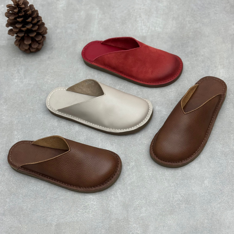 Slip On Mule Flat - 手作り本革ミュール レディース 2025 夏 レトロ ラウンドトゥ