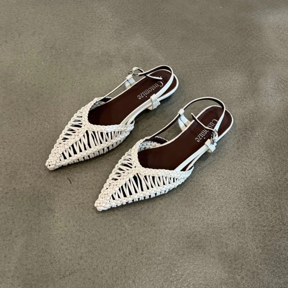 Slip On Mule Flat - 尖ったつま先のローマ風織りサンダル、中空のつま先キャップ付き女性用フリップフロップ、バックル付き快適なフラットシューズ