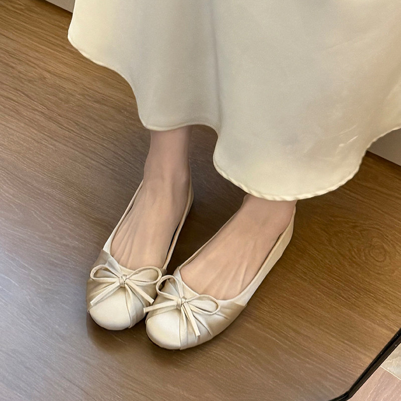 Women'S Shoes Round Toe - 2026年新作 蝶結び サテン シャロー シングルシューズ レディース