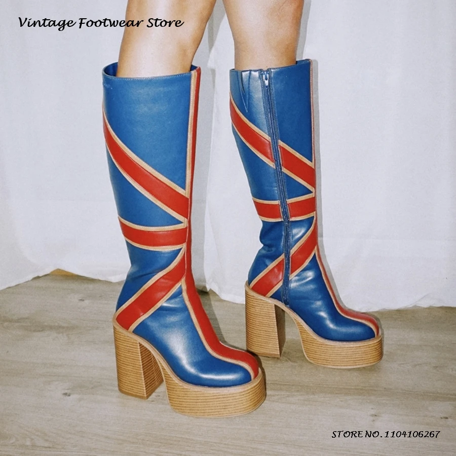 Knee High Boots Women - パッチワークレザー Platfrom ニーブーツ英国スタイルラウンドトゥチャンキーヒールブーツ春秋身長増加ウエスタンブーツ