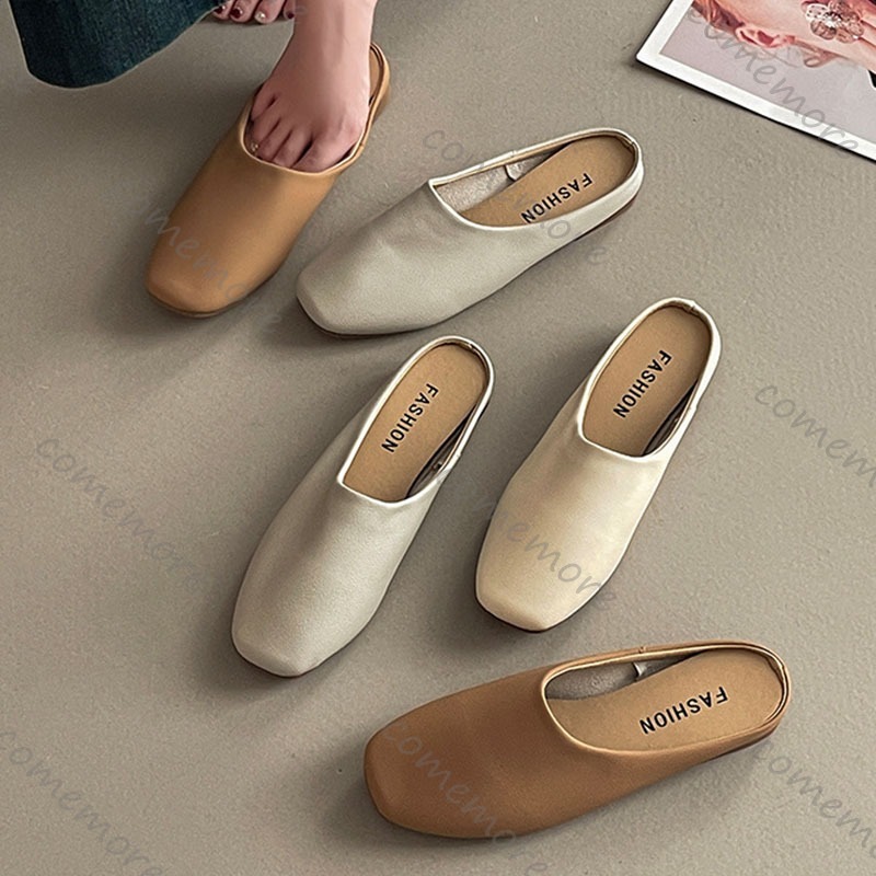 Slip On Mule Flat - Comemore レトロスクエアヘッド包頭ハーフスリッパ女性春夏外着用ソフトレザーカジュアルソリッドフラットミュールスライド