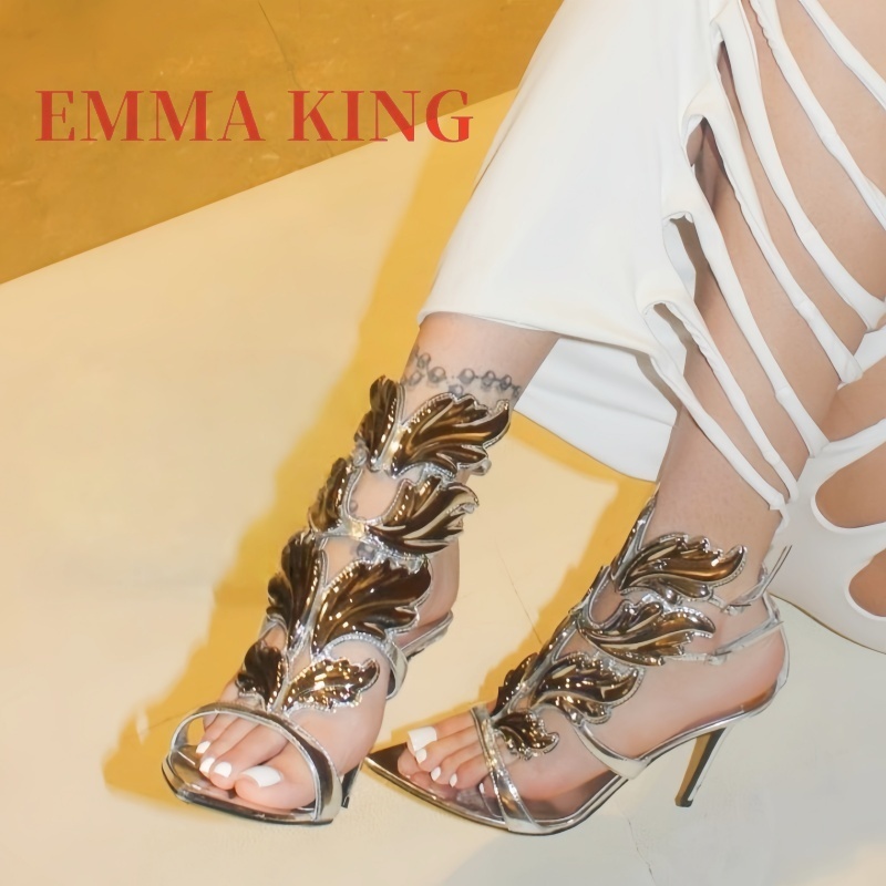 Metallic Heel Sandal - レディースメタリックウィングドハイヒールサンダル、ポインテッドトゥスティレットアンクルストラップヒール、ラグジュアリーパーティーウィングドハイヒールシューズ、35-44