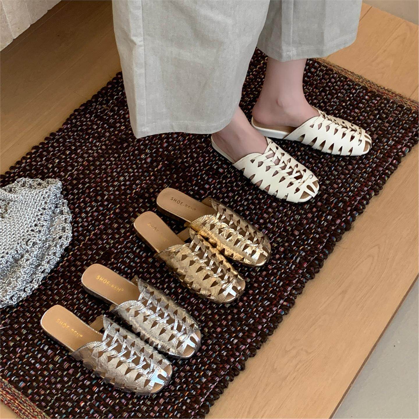 Women Shoes Luxury Brand - 高級ブランド手作り織りメッシュ中空デザイン女性用快適通気性ラウンドトゥビーチシューズカジュアルフラットスリッパ