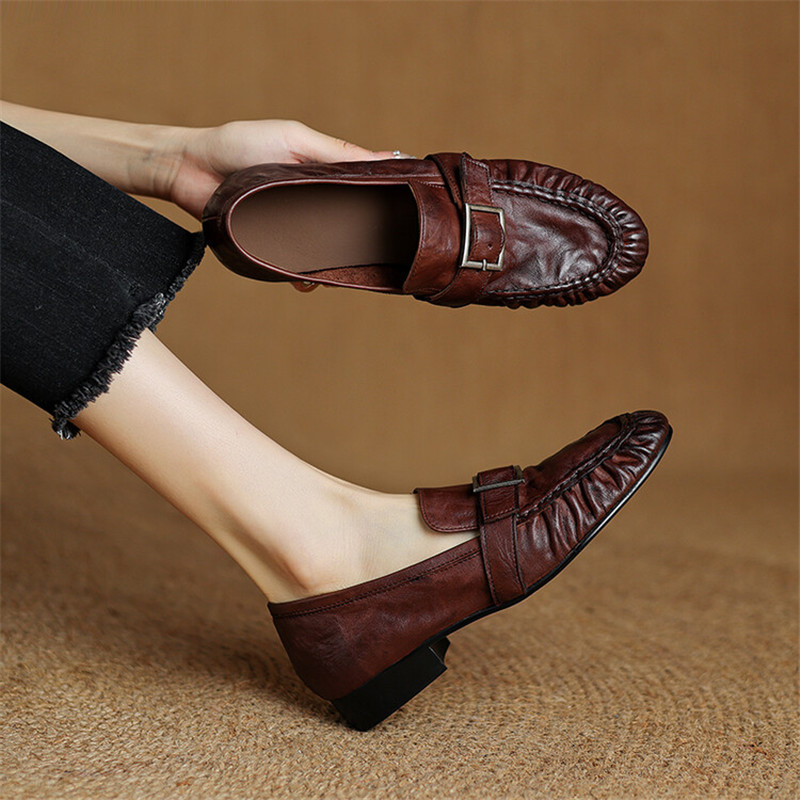 Women'S Shoes In Fashion - 女性用本革モカシン,丸いつま先の靴,プリーツパンプス,厚手のヒール,ファッション,秋,新品