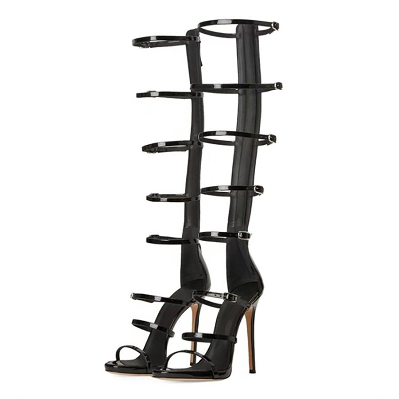 Knee High Boots Women - 夏の女性用クールブーツ新作2026セクシー10cmハイヒールサンダルバックルブラックゴールドドレスパーティー女性用ニーハイブーツ大きいサイズ36-43