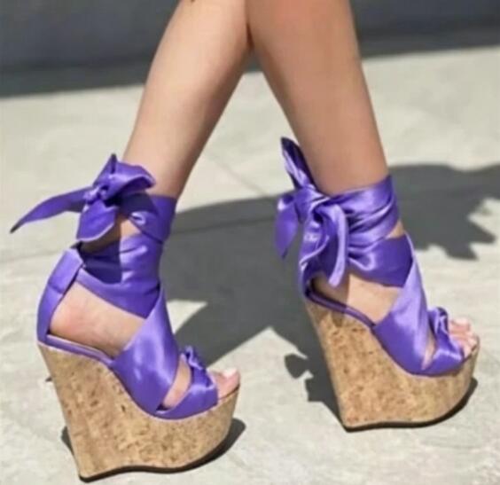 Cork Wedge Sandal - スイートピンクホワイトのチェック柄シルクウェッジサンダル、グリーンイエローのアンクルレースアップボウノット、オープントゥコルクハイプラットフォームサマーサンダル（女性用）