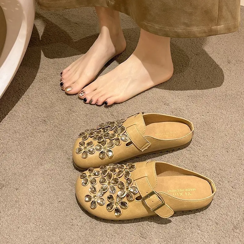 Slip On Mule Flat - 女性用花柄ラインストーンバックルストラップ付きクローズドトゥスリッポンミュールクロッグヴィンテージカジュアルデイリーアウトドアフットウェアドロップシッピングギフト