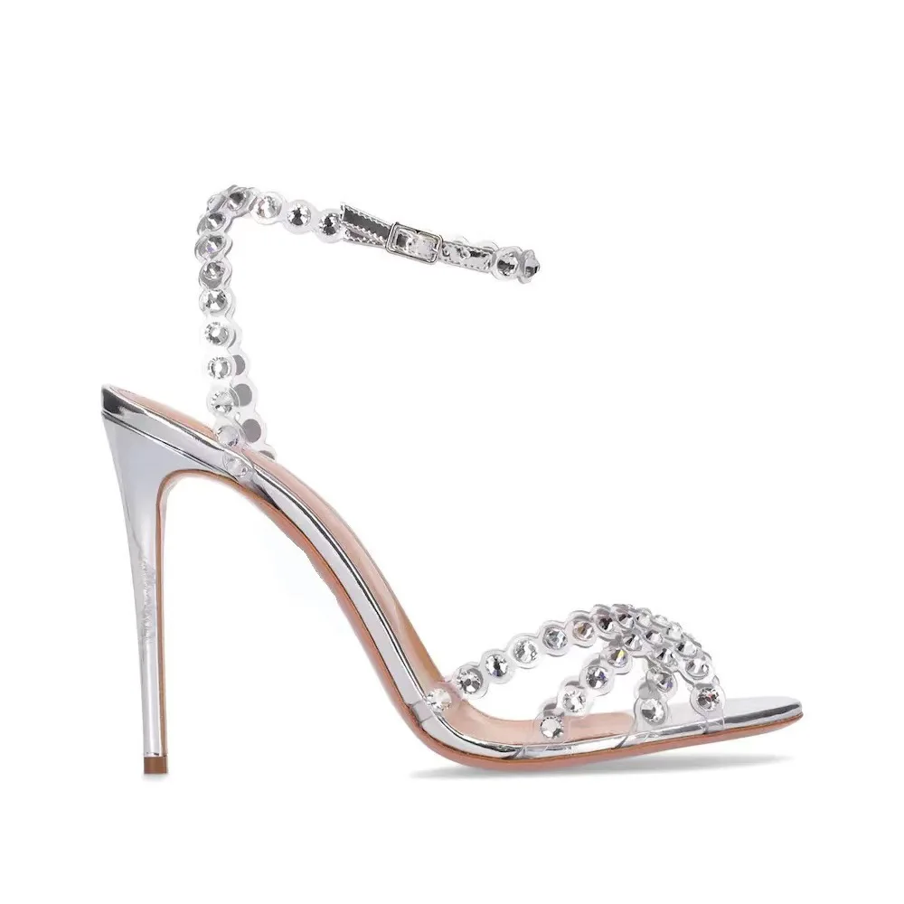 Women'S Shoes Peep Toe - 社交界の名士向けプラスサイズシルバーヒールジェリーダイヤモンドサンダル、身長アップ効果のあるスティレットウェッジ、オープントゥ、ヘッドデザイン、ラインストーン付き