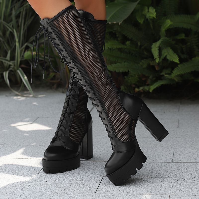 Knee High Boots Women - ORCHA LISA セクシーなレディースニーハイブーツ ラウンドトゥ 12cmブロックヒール 4cmプラットフォーム