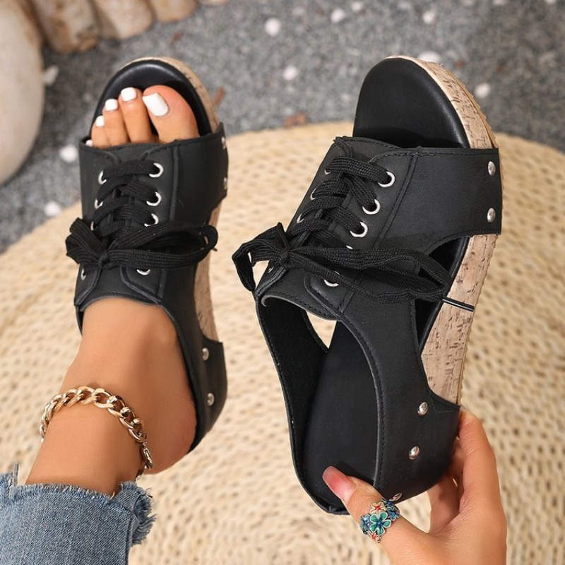 Cork Wedge Sandal - レディースサンダル ウェッジ オープン トゥ ミッドヒール スリップオン