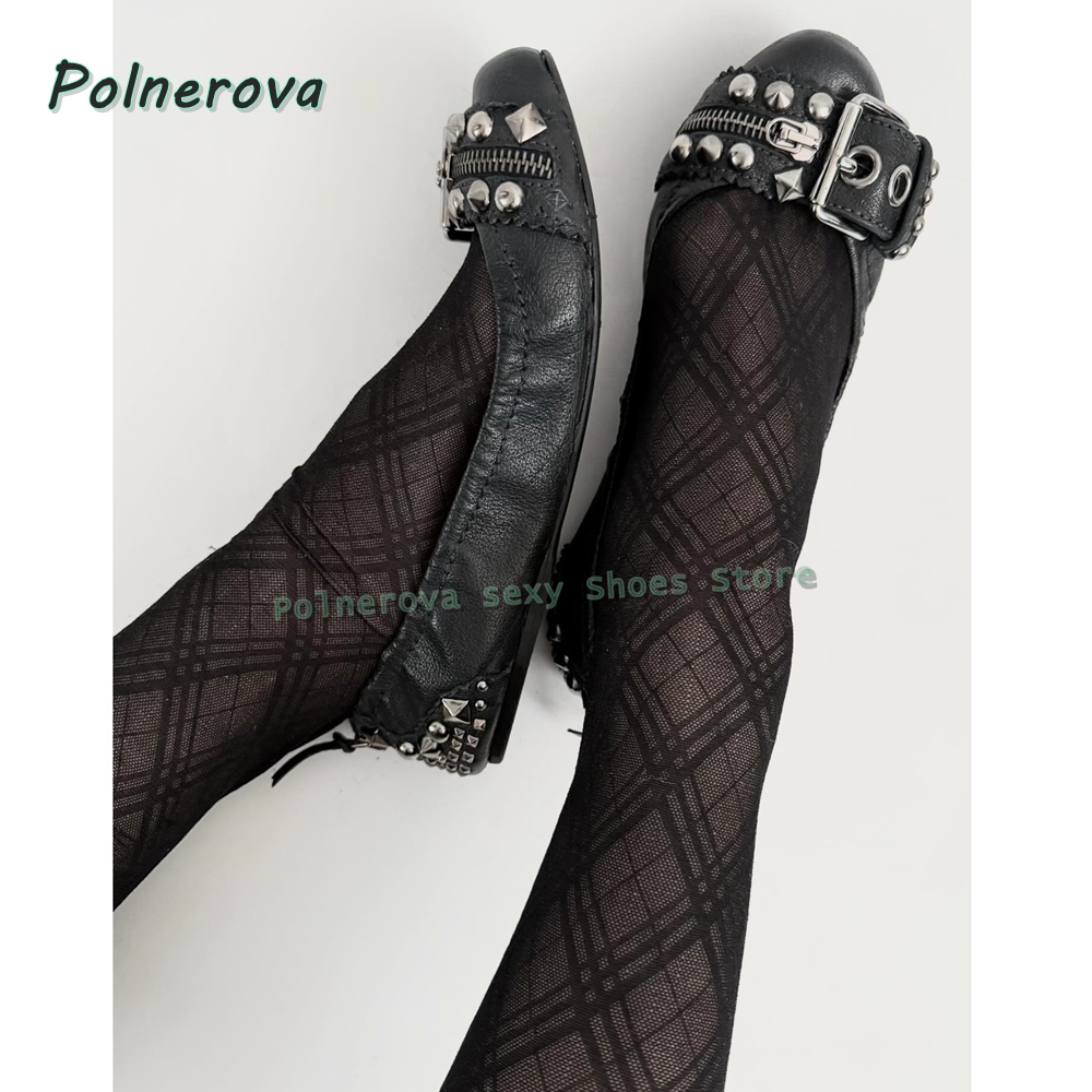 Women'S Shoes In Fashion - リベットベルトバックル付きメリージェーンシューズ、ポインテッドトゥ、浅いジッパー装飾、レディースファッションパンプス、2026年春夏シューズ