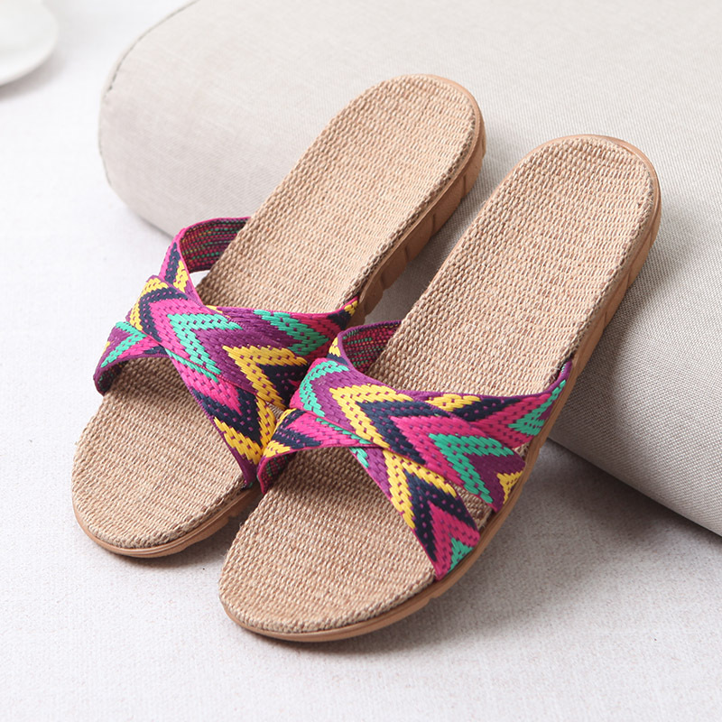 Women Shoes Sale - Mntrerm 2022 新カジュアルスニーカー家庭用スリッパ夏混合色床女性屋内フラット靴クロスリネンスリッパ Terlik