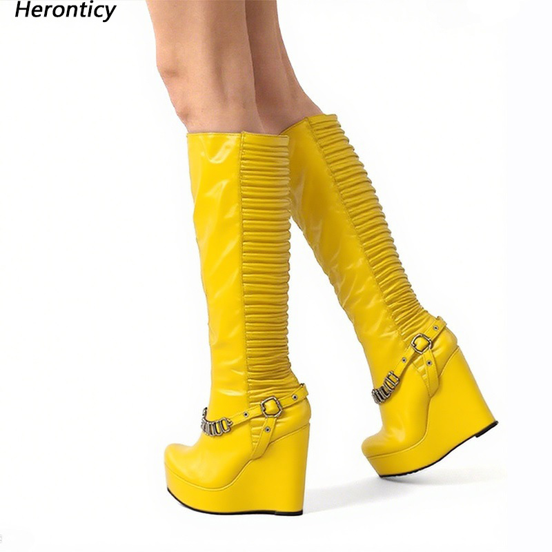 Women'S Shoes Yellow - Heronticy 手作り女性冬ニーブーツウェッジヒールラウンドトゥかわいいイエローパーティーシューズレディース米国プラスサイズ 35-52