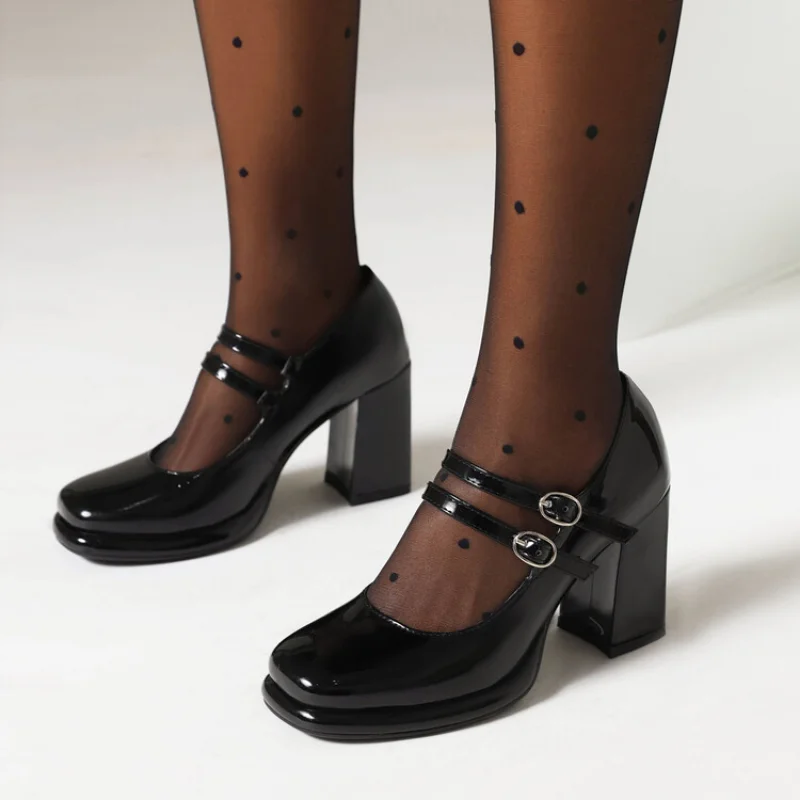 Patent Leather Pump - 女性用パテントレザーパンプス,ダブルバックル,ラウンドヘッド,厚さ8cm,ブラック,ラージサイズ34-2024,新品