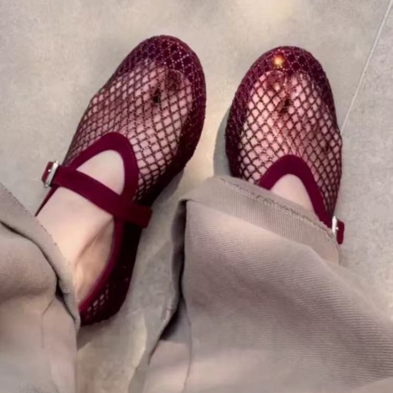 Women'S Shoes In Fashion - 中空ラインストーンバオトウサンダル レディース 2026年新作 フィッシングネット通気性織りメリージェーンシングルシューズ