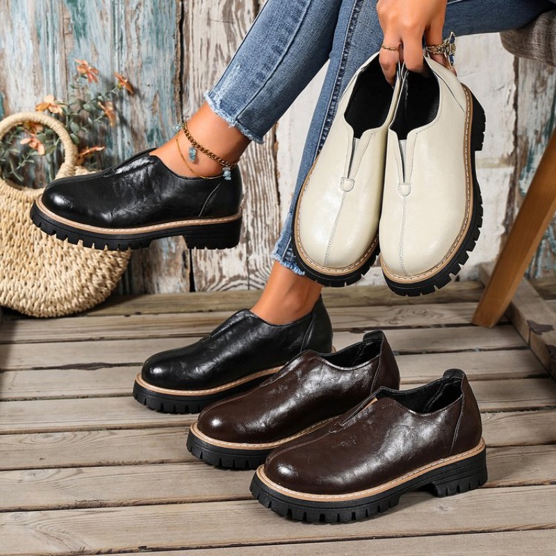 Women'S Shoes Round Toe - レトロな英国風レディースシューズ 春秋 厚底ヒール シングルシューズ 快適なウォーキングシューズ