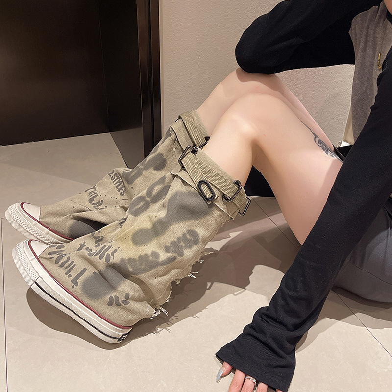Knee High Boots Women - グラフィティハイトップキャンバスシューズ女性のハイトップブーツワイドバレルミッドバレルブーツ 2025 新しいズボンバレルスタッキングブーツ