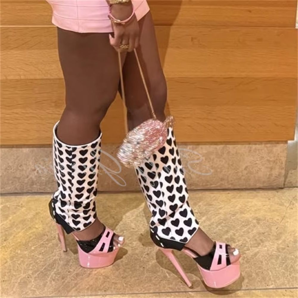 Knee High Boots Women - ガールピンクハートデコレーションニーハイブーツセクシーラウンドトゥプラットフォームスティレットヒールサマー新作トレンドメタルヒールレディースエレガントサンダル