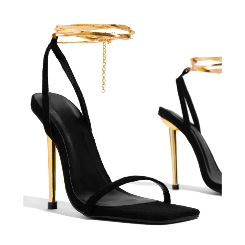 Metallic Heel Sandal - セクシーな女性のゴールド南京錠ハイヒールサンダル女性薄いシングルストラップメタルスティレットサンダルゴールドヒール靴 36 43
