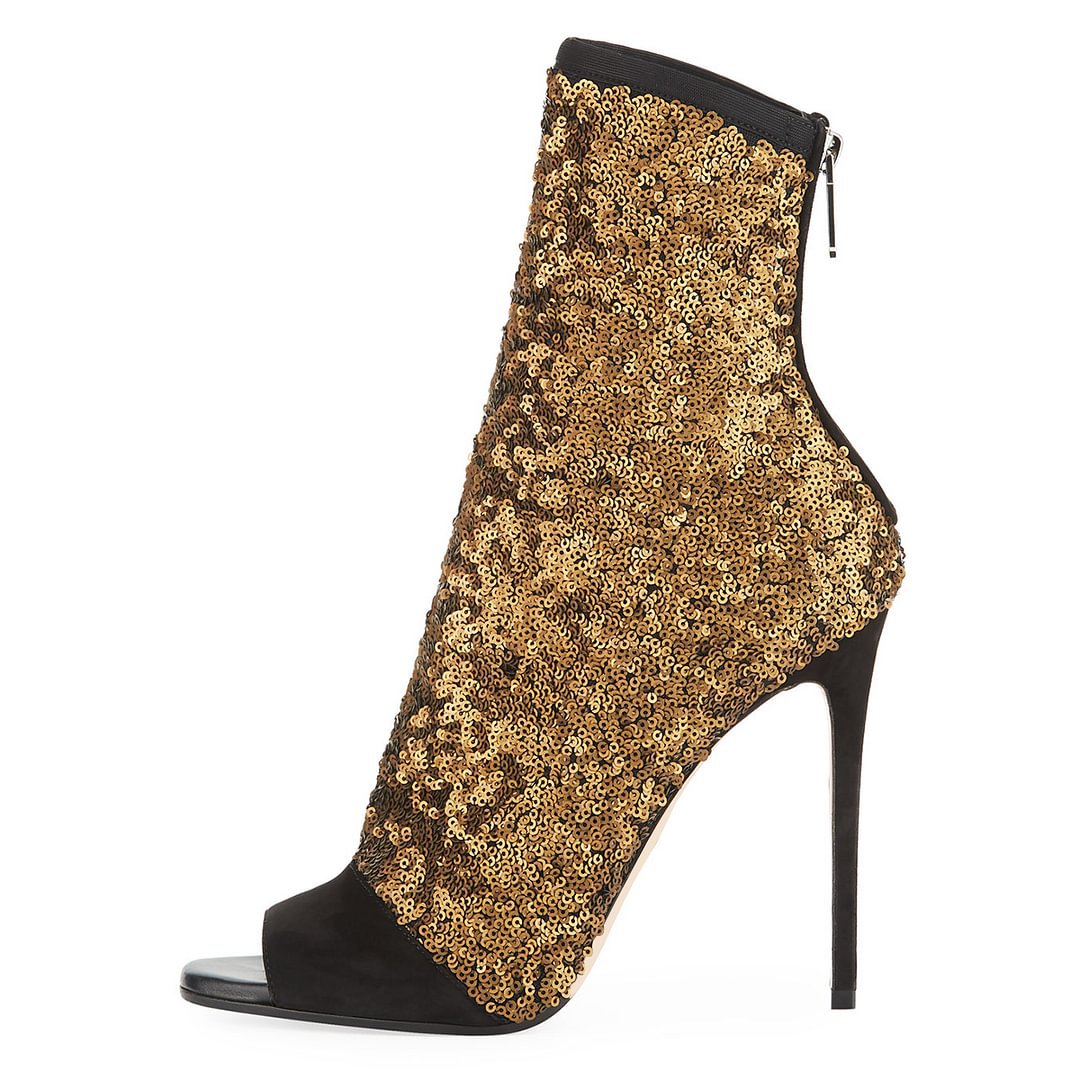 Women Shoes Boots - パッチワークキラキラピープトウミッドカーフサマーレディースサンダルブーツスティレットハイヒールバックジッパーデザイン大きいサイズの靴