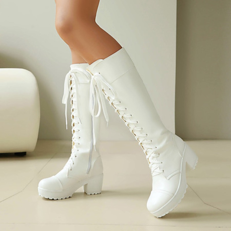 Knee High Boots Women - レディース ニーハイ レースアップ コンバットブーツ チャンキー プラットフォーム