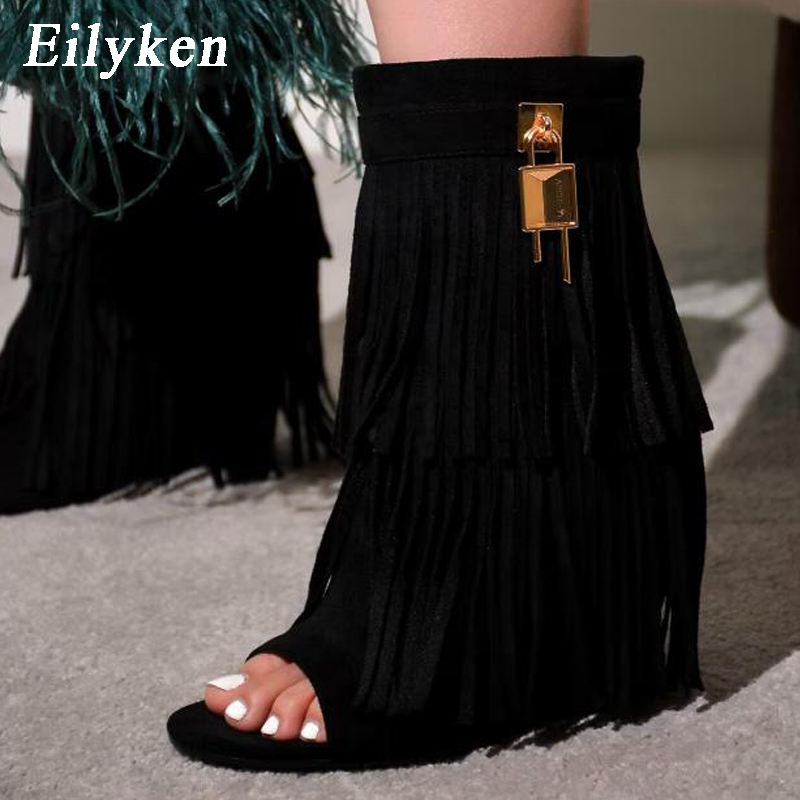 Women Shoes Boots - Eilyken デザイナーフリンジウェッジブーツサンダル女性ハイヒールオープントゥパーティープロムシューズ 2026 セクシーなジッパー女性パンプス