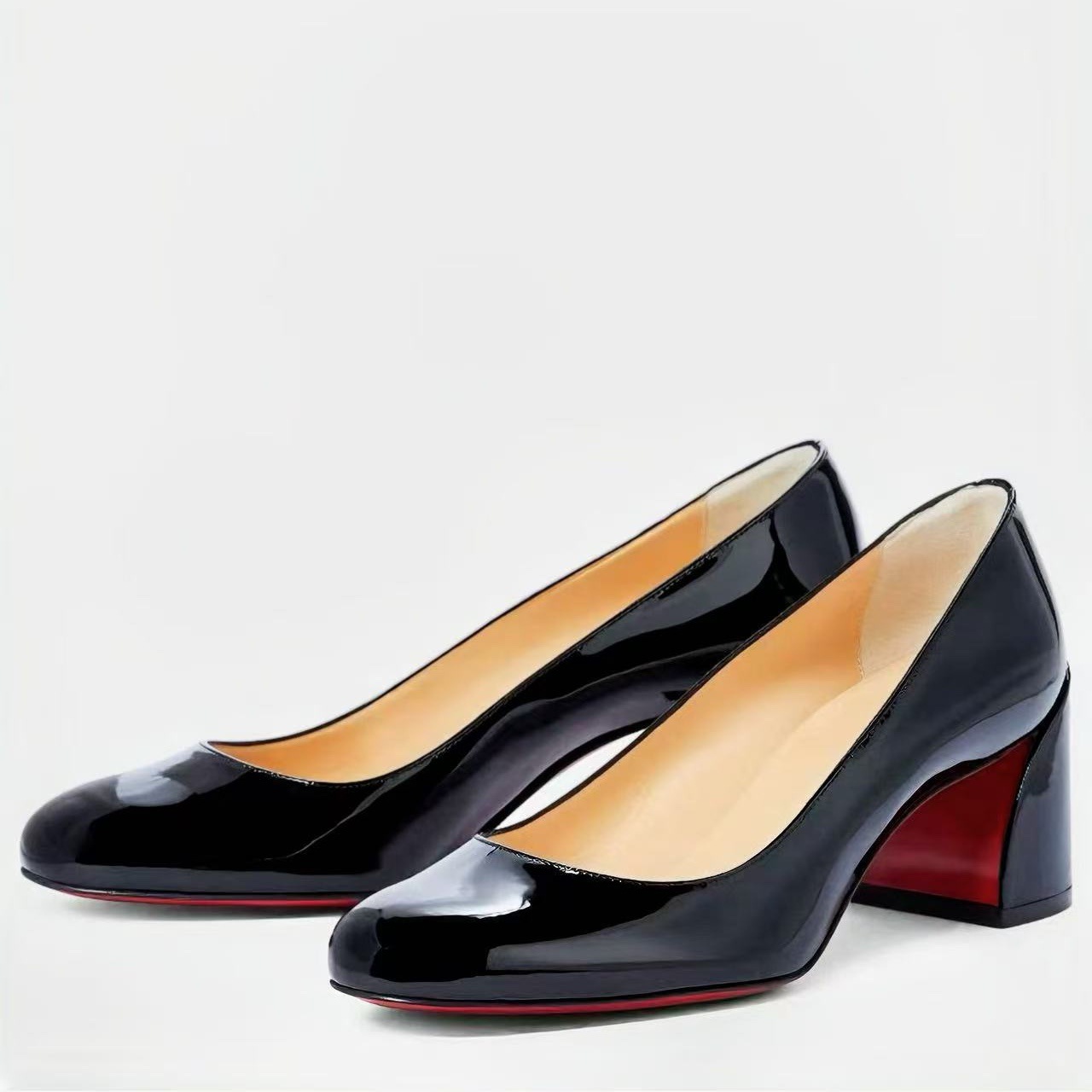 Patent Leather Pump - レディース パテントレザー パンプス ラウンドトゥ ブロックヒール 女性用