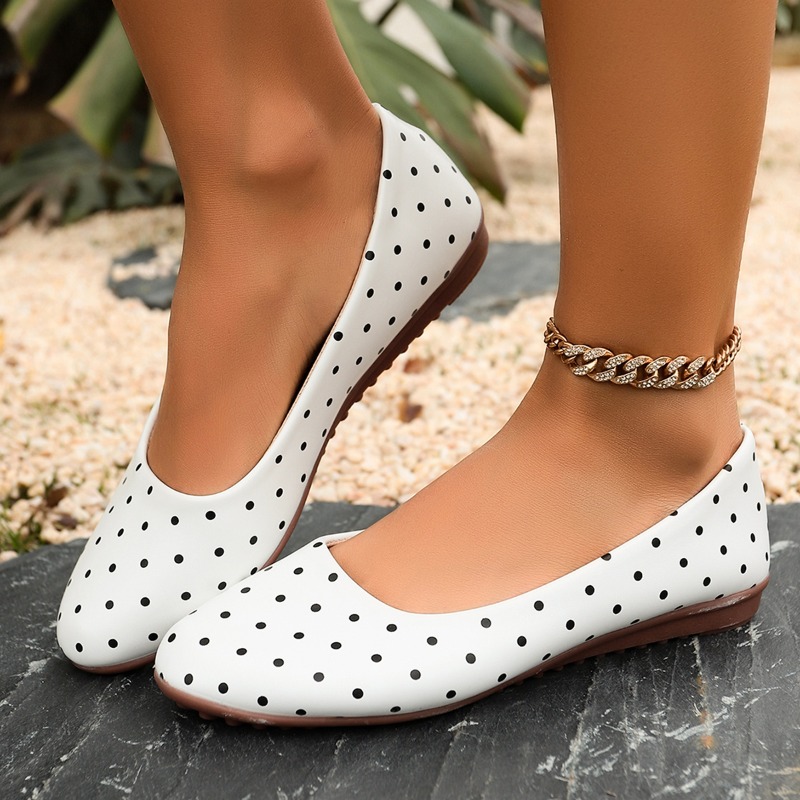 レディース ホワイト ポルカドット フラットシューズ ラウン - Women'S Shoes Round Toe のレビューと価格