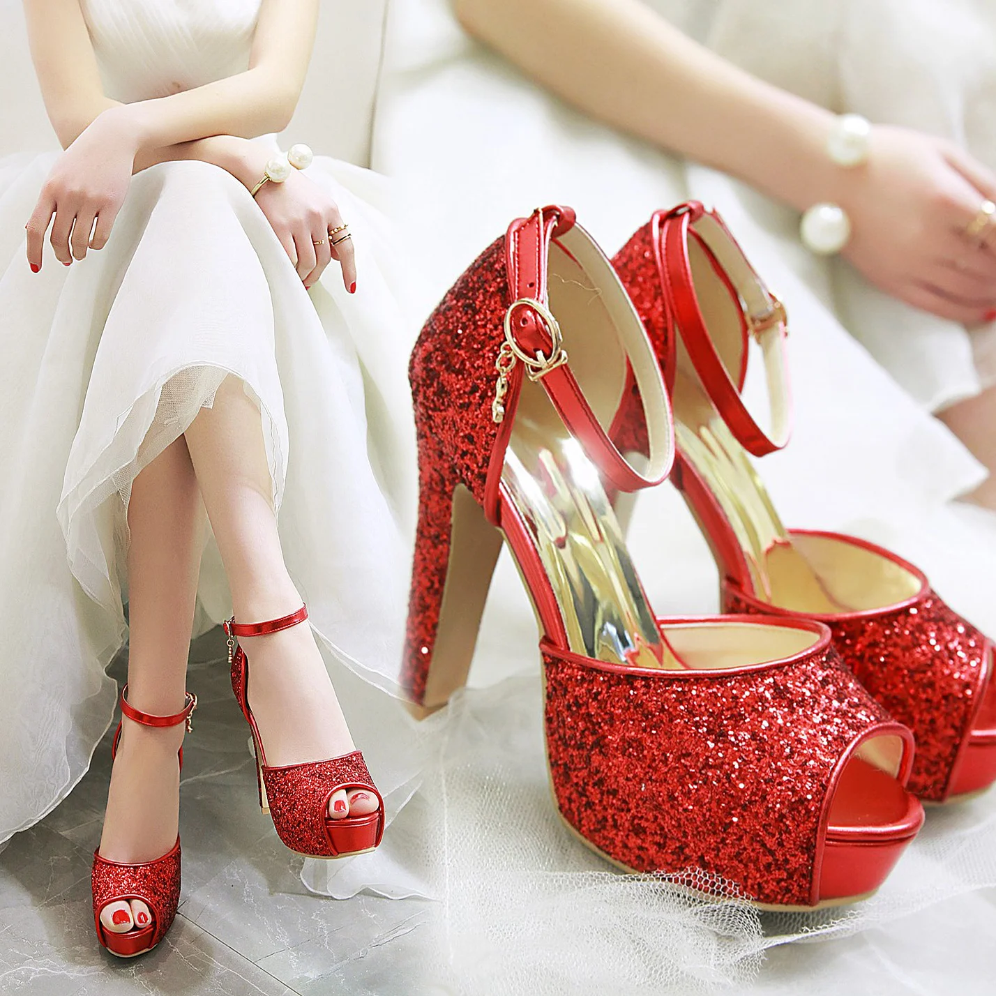 シルバー夏の女性のハイヒールプラットフォームサンダルゴールド - Women'S Shoes Peep Toe のレビューと価格