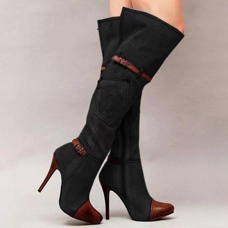女性の膝上デニムブーツ,ハイヒール,セクシー,バックル,スト - Knee High Boots Women のレビューと価格