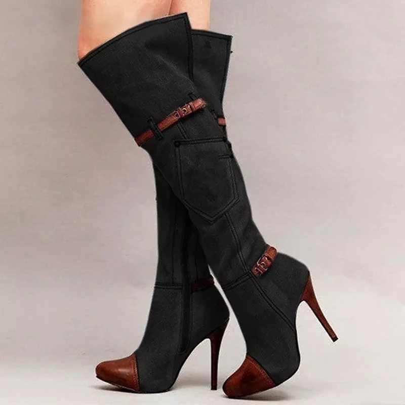 女性の膝上デニムブーツ,ハイヒール,セクシー,バックル,スト - Knee High Boots Women のレビューと価格