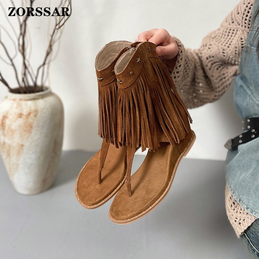女性用フリンジ装飾スタッズ付きトングトゥウェッジサンダルブー - Women Shoes Boots のレビューと価格