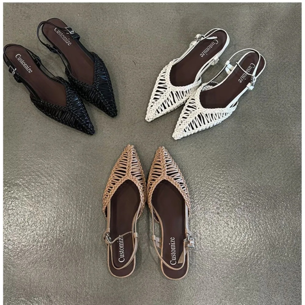 尖ったつま先のローマ風織りサンダル、中空のつま先キャップ付き - Slip On Mule Flat のレビューと価格