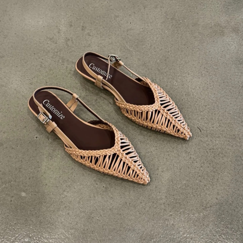 尖ったつま先のローマ風織りサンダル、中空のつま先キャップ付き - Slip On Mule Flat のレビューと価格