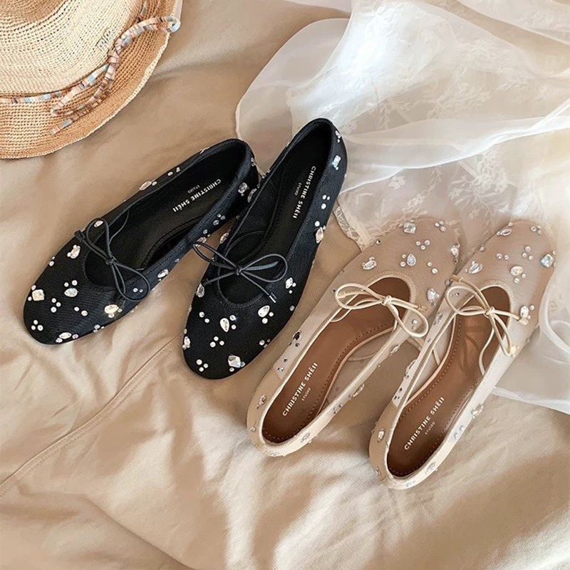 夏のエレガントな女性用キラキラ光るラインストーンボウメッシュ - Women'S Shoes Round Toe のレビューと価格