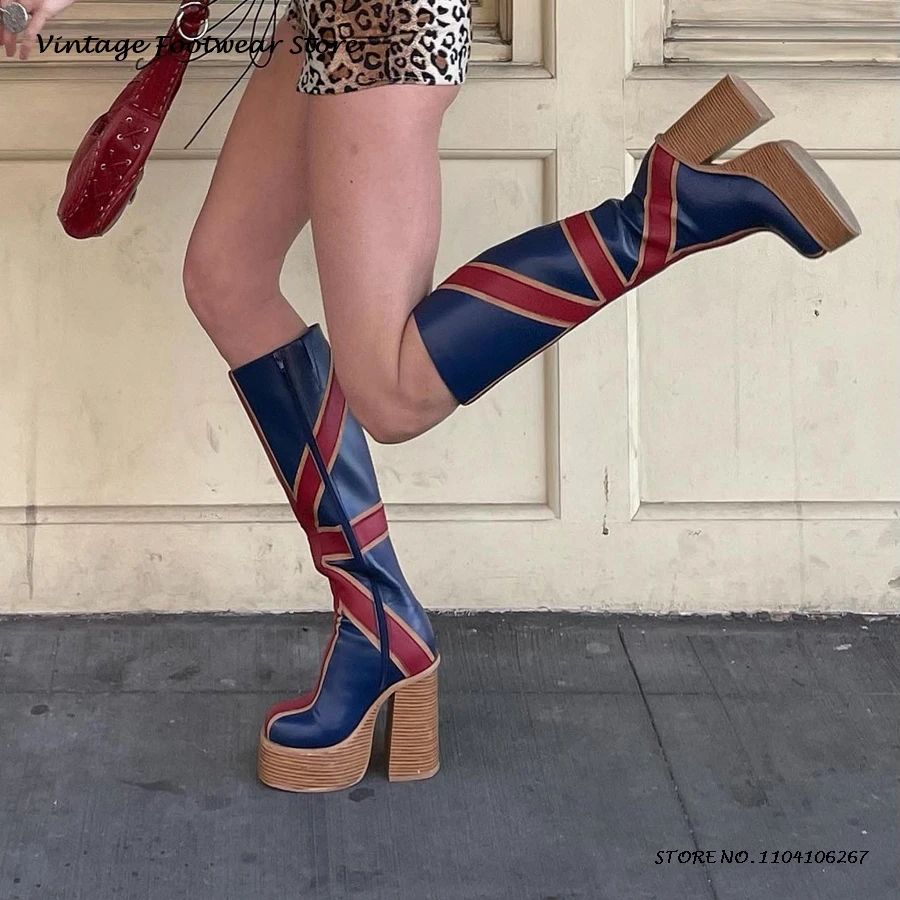 パッチワークレザー Platfrom ニーブーツ英国スタイル - Knee High Boots Women のレビューと価格
