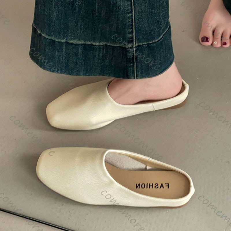 Comemore レトロスクエアヘッド包頭ハーフスリッパ女性 - Slip On Mule Flat のレビューと価格