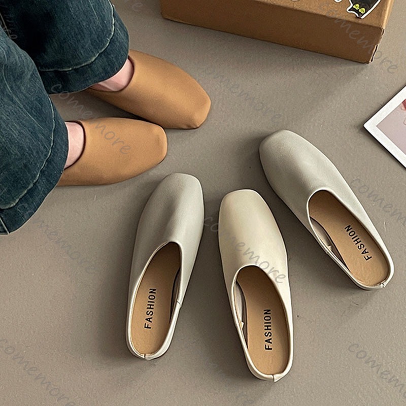 Comemore レトロスクエアヘッド包頭ハーフスリッパ女性 - Slip On Mule Flat のレビューと価格