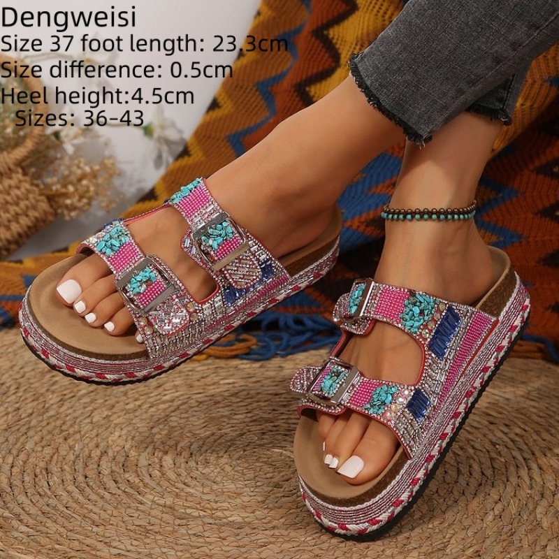 ファッションピンクビーズプラットフォームウェッジレディースサ - Cork Wedge Sandal のレビューと価格