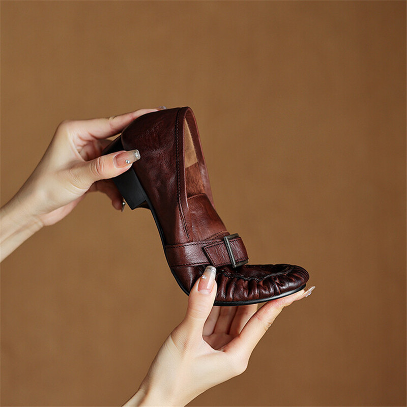 女性用本革モカシン,丸いつま先の靴,プリーツパンプス,厚手の - Women'S Shoes In Fashion のレビューと価格