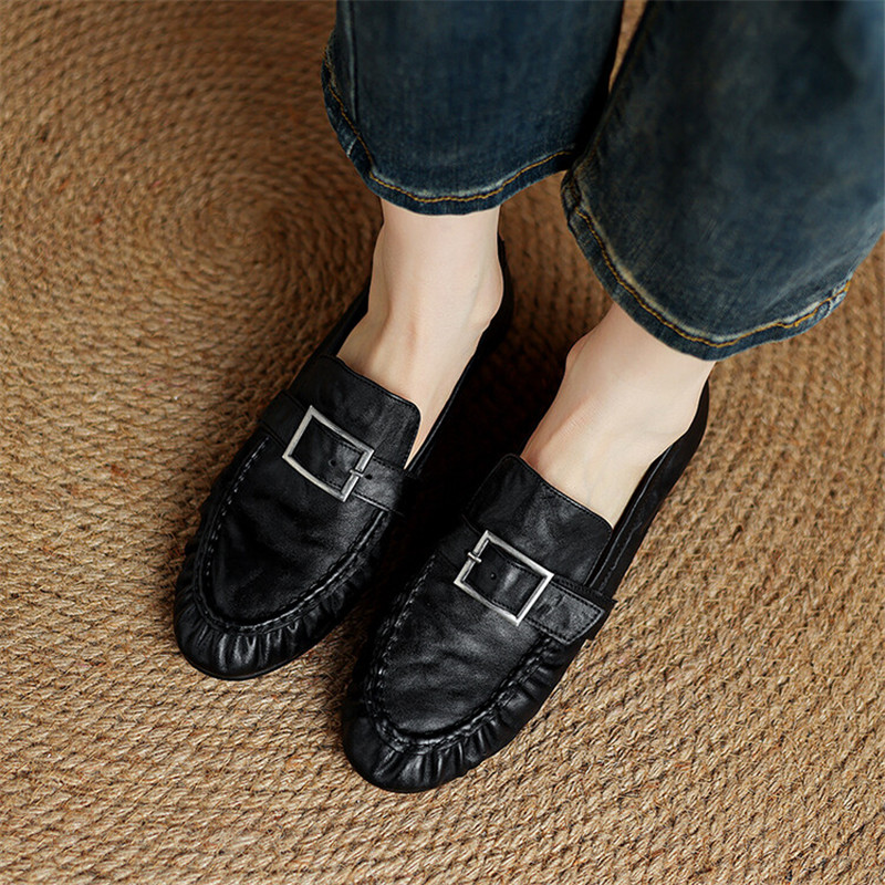 女性用本革モカシン,丸いつま先の靴,プリーツパンプス,厚手の - Women'S Shoes In Fashion のレビューと価格