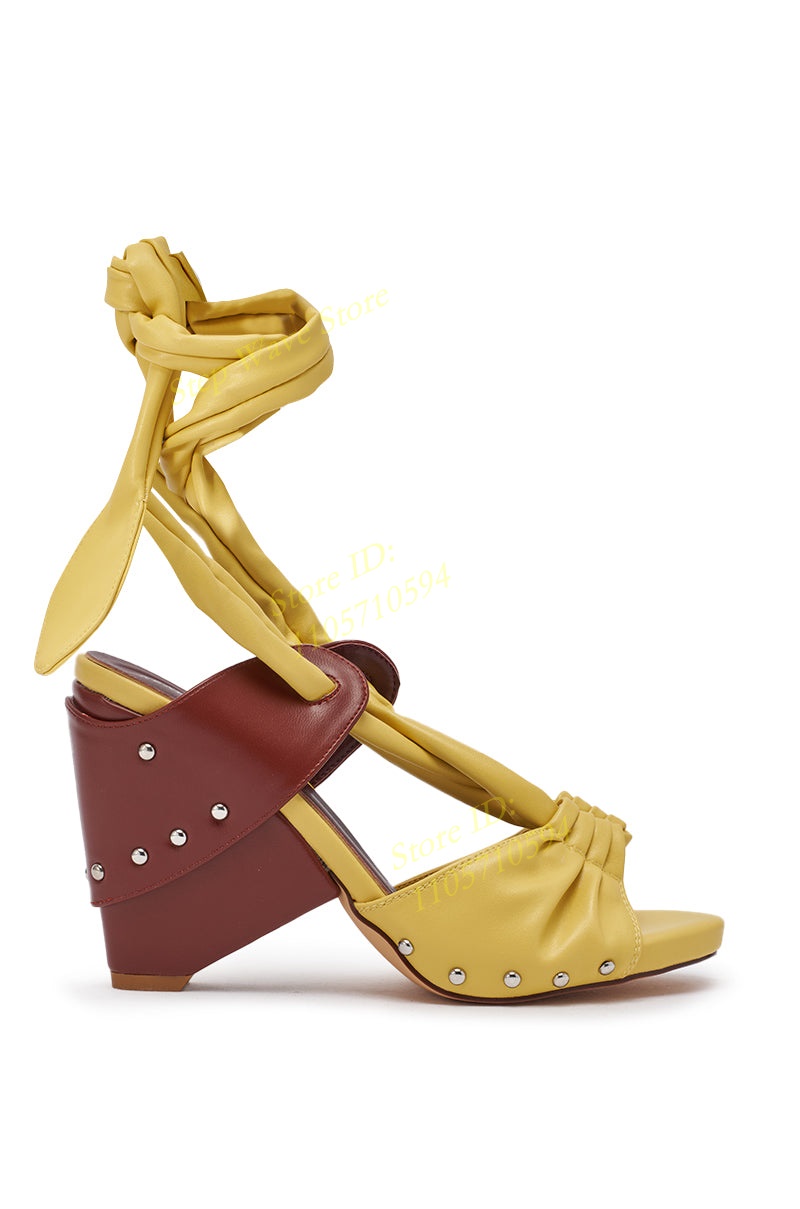 黄色のフェイクレザーレースアップストラップサンダルオープント - Women'S Shoes Yellow のレビューと価格